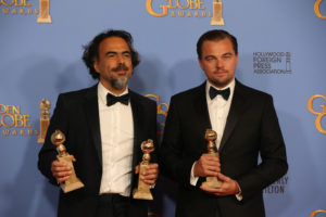 Director Alejandro Gonzalez Inarritu and actor Leonardo DiCaprio backstage at the 73rd Annual Golden Globe Awards show at the Beverly Hilton Hotel in Beverly Hills, Calif., on Sunday, Jan. 10, 2016. (Allen J. Schaben/Los Angeles Times/TNS)