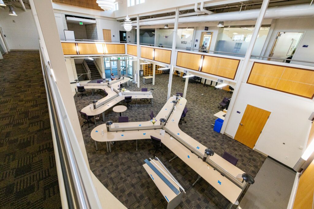 The Atrium inside Lampros Hall is set up for students to study as part of the new SEATS program. (Robert Lewis / The Signpost)