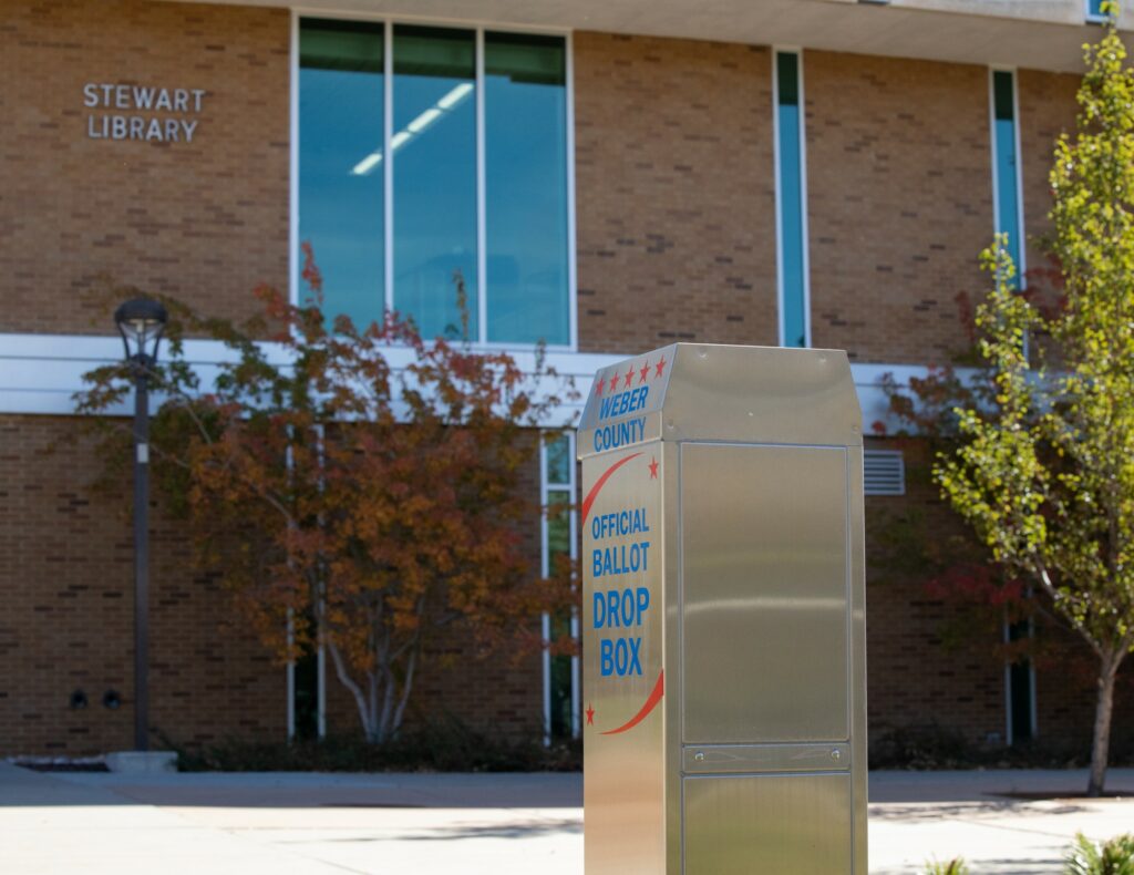 Weber States Ballot Box is just outside of the Stewart Library on the main campus in Ogden, UT. This is one of the many things that WSU has to help the students and surrounding community vote during elections. (BriElle Harker / The Signpost)