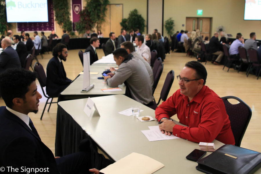 The event gives employers the opportunity to meet with about 60 students in hopes of finding five or six to set up a second interview with. (Gabe Cerritos / The Signpost)
