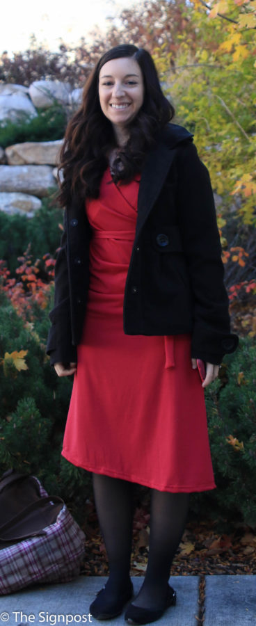 Communications senior Jamie Winchester paired a pea coat with her pink dress. (Gabe Cerritos / The Signpost)