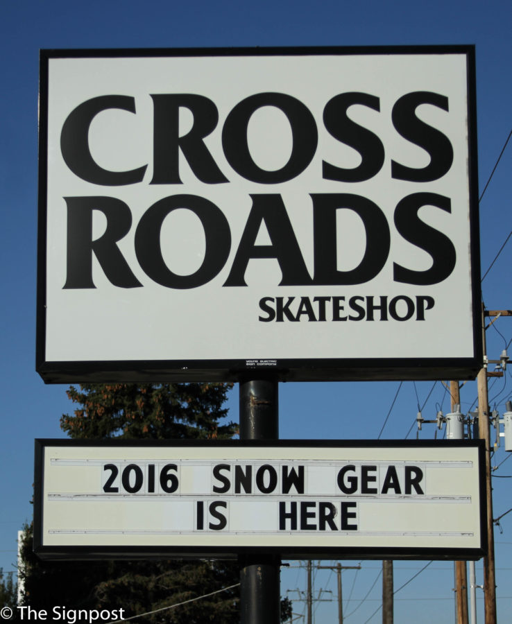 Crossroads Skatepark and Shop marquee.