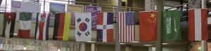 Flags hang in the atrium of the Shepherd Union building at the International Education Booths on Wednesday.