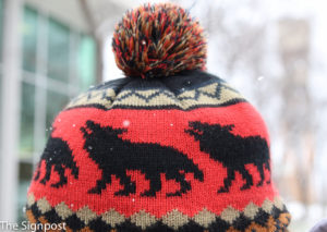 A patterned wolf cap worn by Christopher Peterson, a Junior studying Clincial Lab. (Gabe Cerritos / The Signpost)
