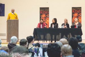 Stanley Ellington, President of the Ogden Branch NAACP, heads a panel discussion on "Dismantling the School to Prison Pipleline" during the annual Martin Luther King Jr. celebration. (Christina Huerta / The Signpost)
