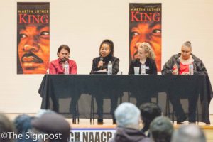 Dr. Jackie Thompson discusses "Dismantling the School to Prison Pipleline" during the annual Martin Luther King Jr. celebration. (Christina Huerta / The Signpost)