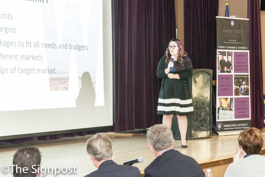 Amy Hirschi pitches her business idea, Waverly Design Co., at the Opportunity Quest entrepreneur competition.(The Signpost/Christina Huerta)