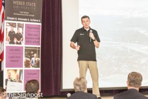Matt Lechtenberg pitches his business idea, Vitalized Homes, at the Opportunity Quest entrepreneur competition.(The Signpost/Christina Huerta)