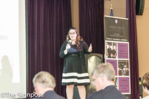 Amy Hirschi pitches her business idea, Waverly Design Co., at the Opportunity Quest entrepreneur competition.(The Signpost/Christina Huerta)