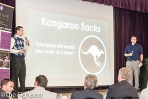 Luke Fawson and Brandon Dickerson pitch their business idea, Kangaroo Sacks, at the Opportunity Quest entrepreneur competition.(The Signpost/Christina Huerta)