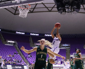 Ahead of the whole Wildcat team, Deeshyra Thomas finds her way to the basket off of a Sac State turnover. (Gabe Cerritos / The Signpost)
