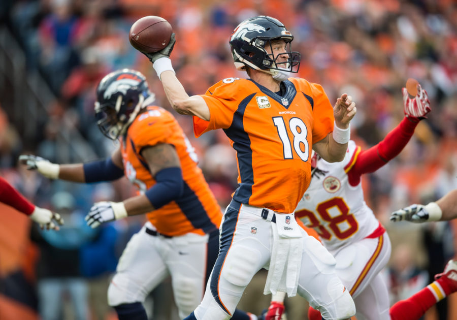 Denver Broncos quarterback Peyton Manning (18) threw four interceptions against the Kansas City Chiefs on Sunday, Nov. 15, 2015, at Sports Authority Field at Mile High Stadium in Denver. (David Eulitt/Kansas City Star/TNS)