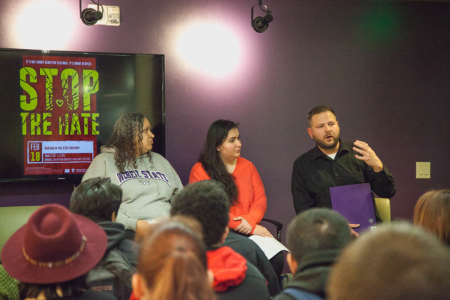 Assistant Sociology Professor, Dr. Pepper Glass discusses unconscious bias with students during the Stop The Hate panel discussion.(Christina Huerta/The Signpost)