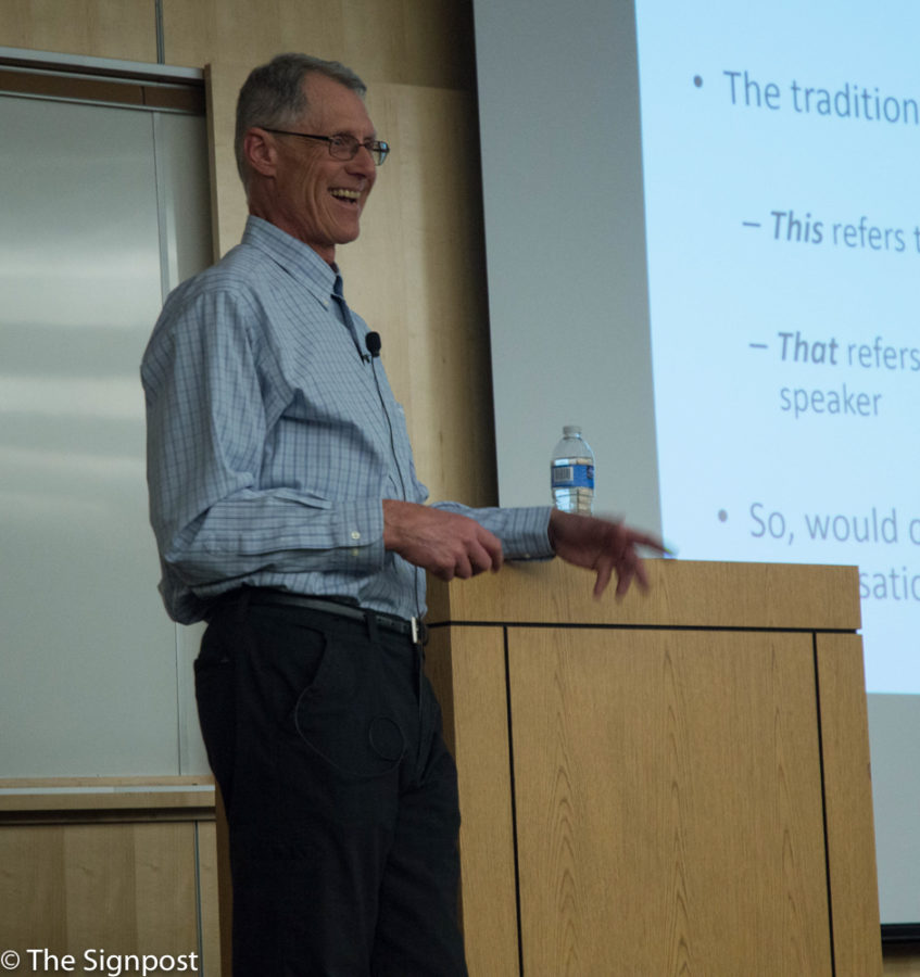 Doug Biber, a nationally renowned lingustic, talks to Weber State students and faculty about demonstrative pronouns at his lecture on Feb 3. (Abby Van Ess / The Signpost)