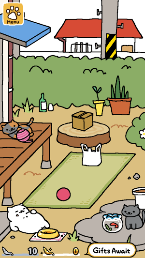 Three cats enjoying the virtual cat room within Neko Atsume. Photo credit: Kellie Plumhof