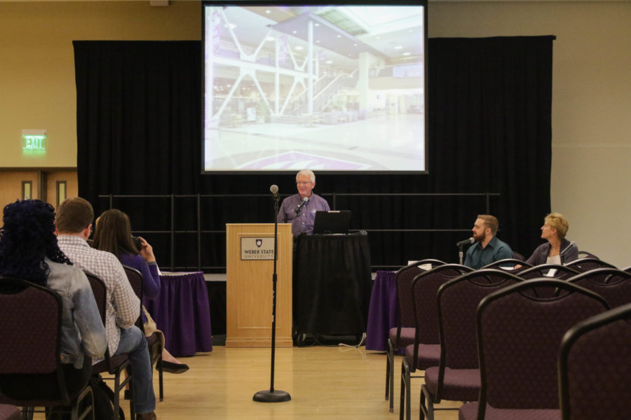Barry Flitton of Career Services at Weber State talks to those who attended about opportunities in Ogden. (Gabe Cerritos / The Signpost)