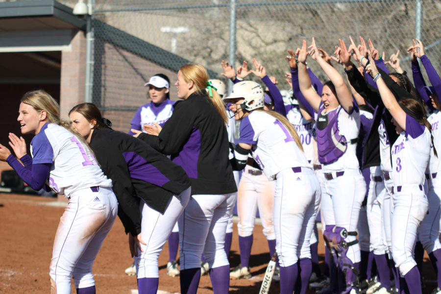 The Wildcats cheer on thr runners coming in after a homerun was hit during the game on April 1.  (Ariana Berkemeier / The Signpost)