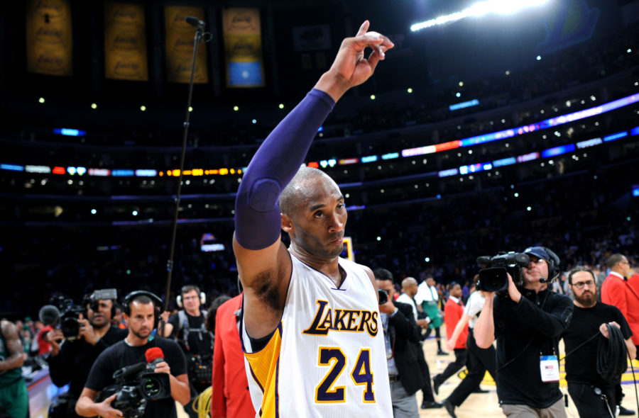 The Los Angeles Lakers Kobe Bryant waves to the crowd as he leaves the court following a 107-100 loss against the Boston Celtics at Staples Center in Los Angeles on Sunday, April 3, 2016. (Wally Skalij/Los Angeles Times/TNS)