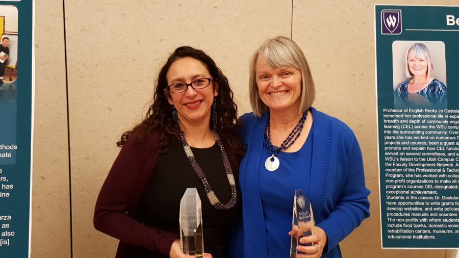 Professors Azenett Garza (left) and Becky Jo Gesteland (right) holding their John A. Lindquist Awards. (Lindsey Parkinson / The Signpost)