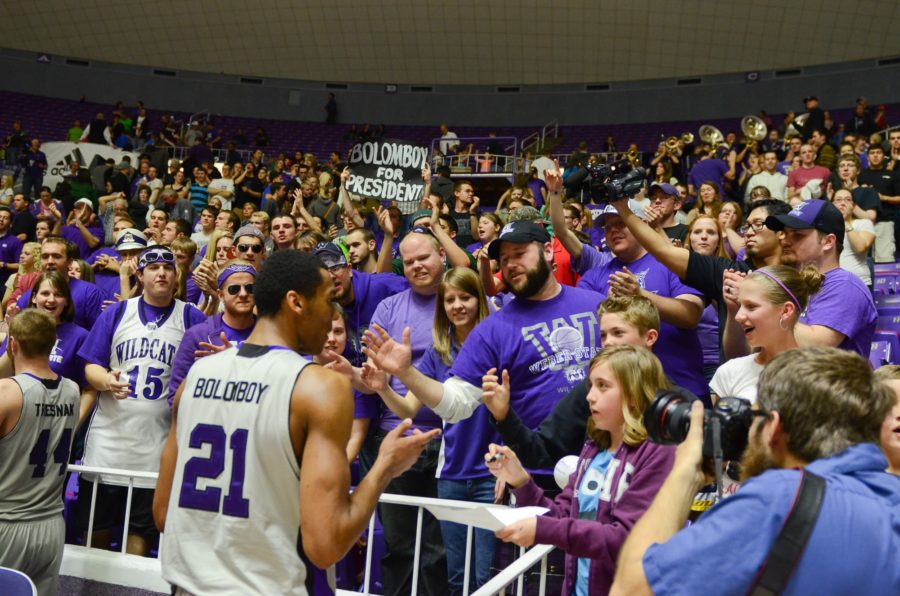 Joel Bolomboy visits the student section of the Dee Event Center following a game against Oral Roberts University in Spring of 2013. (Signpost Archives)