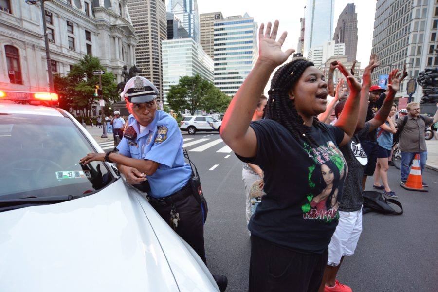 July 8, 2016 - Philadelphia, Pennsylvania, U.S - A group of protestors Hands Up in from of Police as several hundred protestors took to the street in Philadelphia in protest of the recent police involved shootings around the country. (Source: Bastiaan Slabbers / TNS)