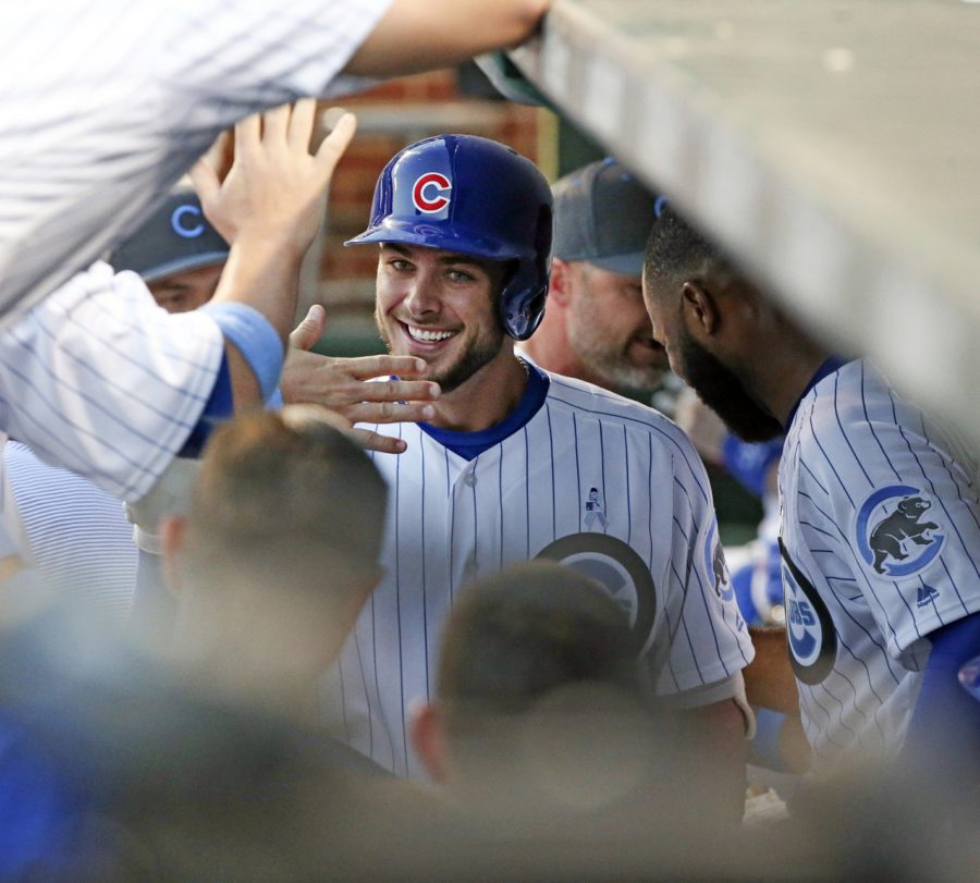 Chicago Cubs third baseman Kris Bryant (17) smiles in the dugout after his home run during the third inning on Sunday, June 19, 2016, at Wrigley Field in Chicago. (Nuccio DiNuzzo/Chicago Tribune/TNS)