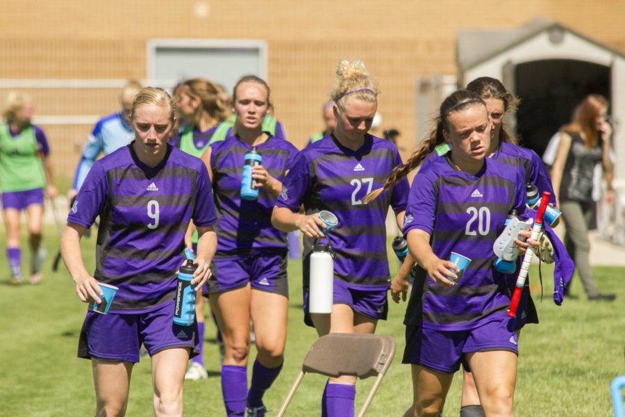 Members of the Weber State University womens soccer team head to the sidelines at halftime during the Air Force V.S Weber State University soccer game on Sunday, September 11, 2016. (Dalton Flandro/ The Signpost)