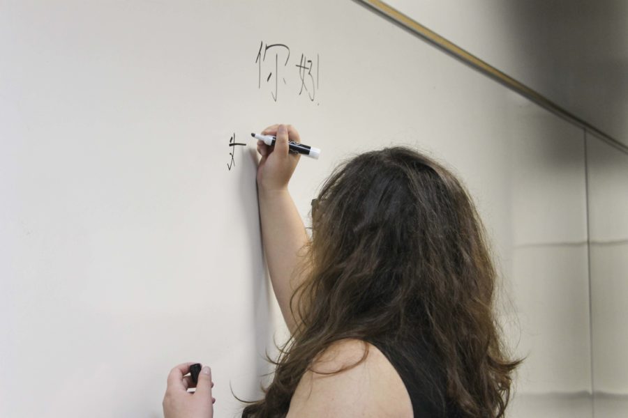 Masters student Amy Pittman prepares to teach her first Beginning Chinese class at Weber State Davis campus on Sept 24. (Sarah Earnshaw / The Signpost)