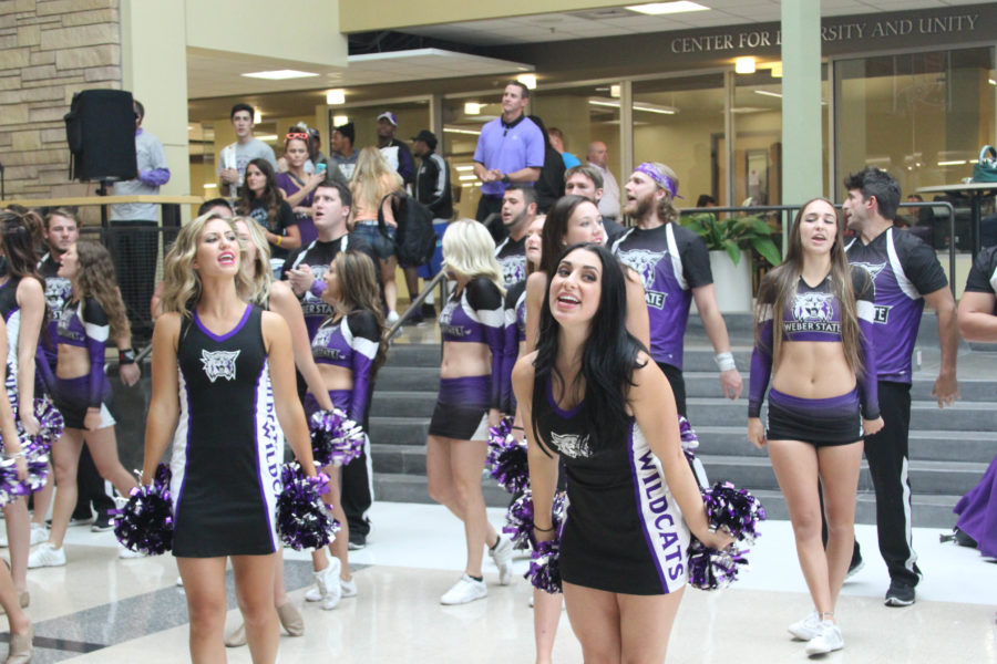 Weber State Universitys Spirit Squad cheer at Shepherd Unions pep rally last year. (The Signpost Archives)
