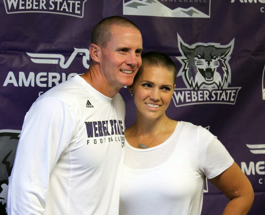 Jay Hill, Weber State head football coach, stands beside his wife, Sara Hill, who is battling Stage 4 Hodgkins Lymphoma. (BRANDON GARSIDE/Standard-Examiner)