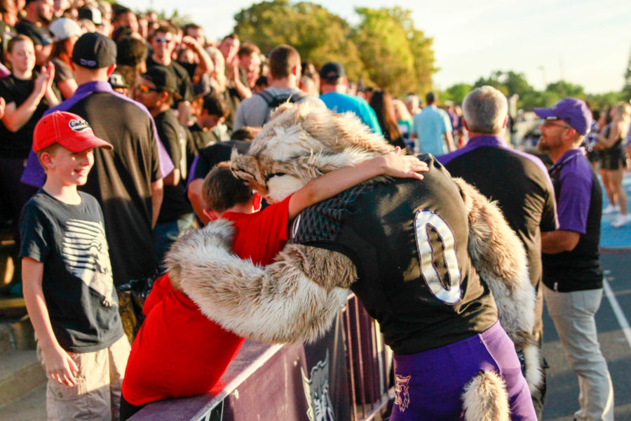 Waldo the Wildcat hugs a boy in the stands of Weber State Universitys first football game of the season on Sept 17. (Dalton Flandro / The Signpost)