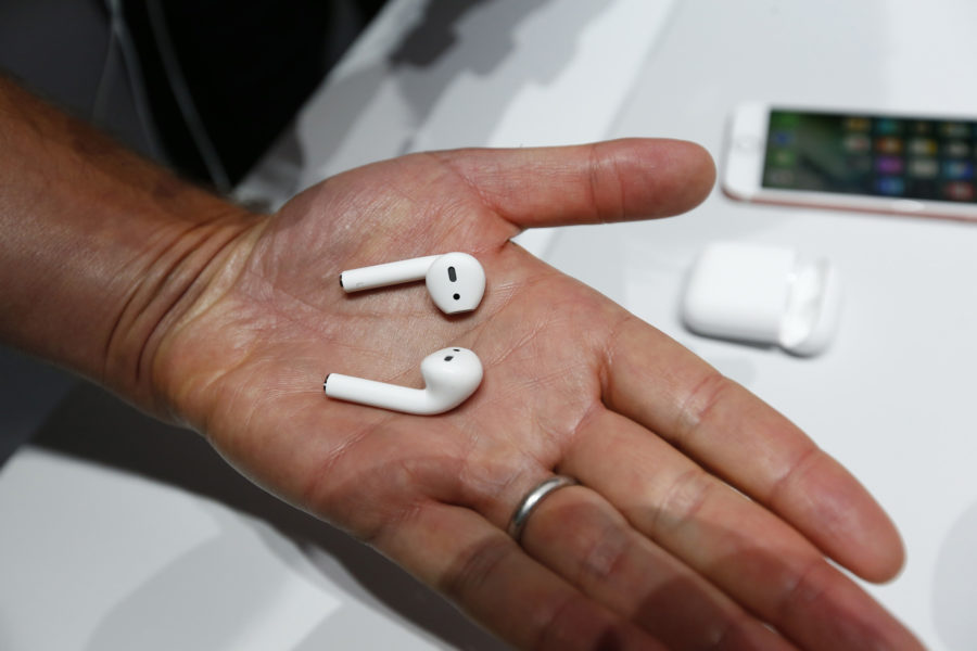 New wireless AirPods are shown after the debut of the iPhone 7 in San Francisco on Sept. 7.
(Source: Tribune News Service) Photo credit: Tribune News Service