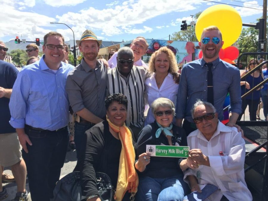 Forrest Crawford (top middle) poses with colleges at the Harvey Milk Blvd. dedication in Salt Lake City on May 13, 2016. Also pictured: Salt Lake City Mayor Jackie Biskupski (top right middle) and Troy Williams (top right). (Source: Forrest Crawford)