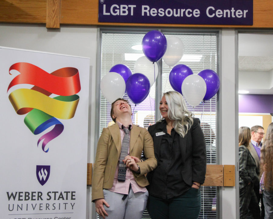 Couple Phylicia McCord and Karlee Berezay celebrate the opening of the LGBT Resource Center at Weber State University last year. The center has planned multiple events for Pride Week. (The Signpost Archives)