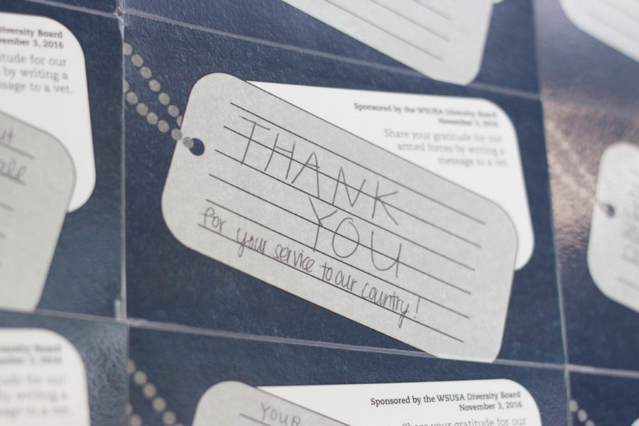 Thank you notes to veterans decorate bulletin boards of a veterans luncheon at Weber State University on Nov. 10. (Emily Crooks / The Signpost)