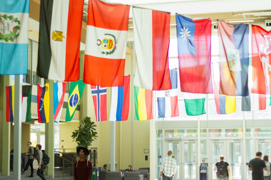 Countries of the world flags hang above the Shepherd Union Atrium at Weber State University on Nov. 15. (Dalton Flandro / The Signpost)