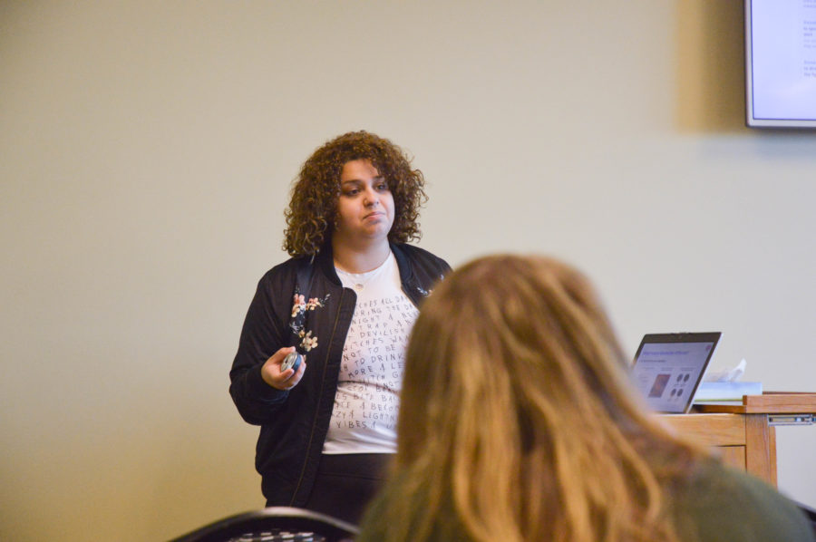 Gia Ghanbari, program coordinator for the Women’s Center, speaks at Generation F* workshop, funded by the Womens Center at Weber State University on Nov. 8. (Sarah Earnshaw / The Signpost)
