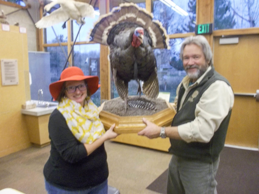 Shawnee Sawyer and Bryce King of the Ogden Nature Center talk turkeys for Wild Wednesday on Nov. 23. (Ben Brandley / The Signpost)