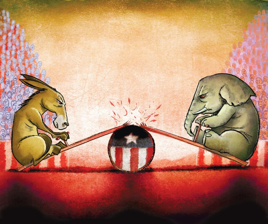 The donkey and the elephant break the seesaw, the bear wins. (Illustration by Hector Casanova / Source: Tribune News Service)