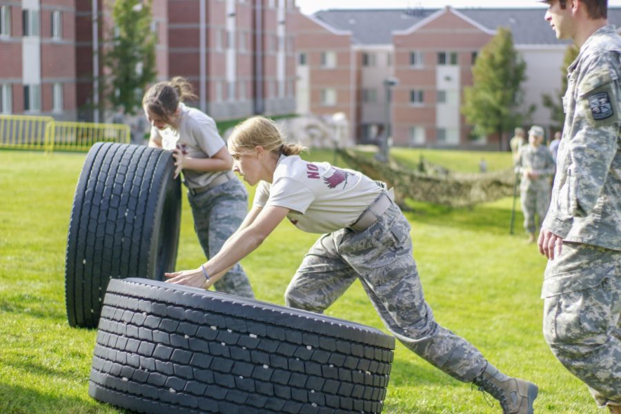 ROTC cadets compete in an obstacle course for the 15th Annual Wildcat ROTC Challenge at Weber State Universitys University Village on Oct. 27. (Dalton Flandro / The Signpost)