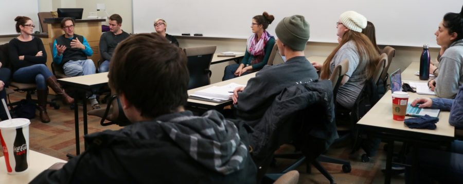 An intimate group of students listened to faculty like Dr. Michael Wutz about graduate school Dec 2. (Abby Van Ess / The Signpost)