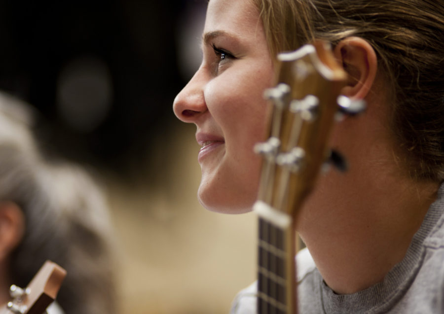 Michelle Cox, 16, of Folsom, Californai, participates in the free Ukulele Club at The Nicholson Music Co. in Folsom, on February 11, 2012. Ukuleles are growing in popularity. (Source: Tribune News Service)