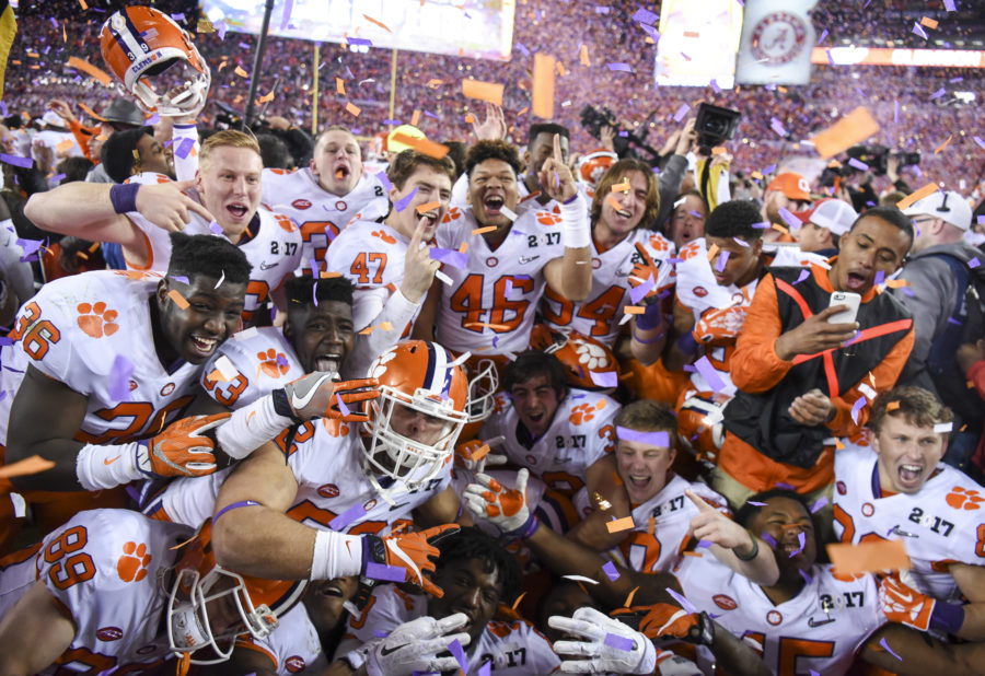 Clemson Tigers celebrate their 35-31 win over the Alabama Crimson Tide Tuesday, Jan. 10, 2017 in Tampa, Fla. (Source: Tribune News Service)