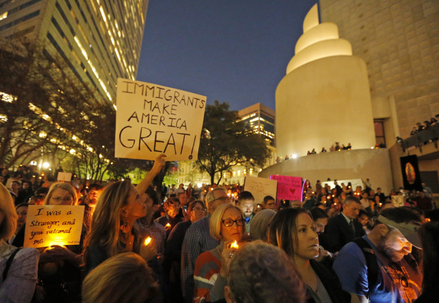 Hundreds protest at a vigil for refugees on Monday, Jan. 30, 2017 in Dallas, Texas at Thanksgiving Plaza. (Source: Tribune News Service)