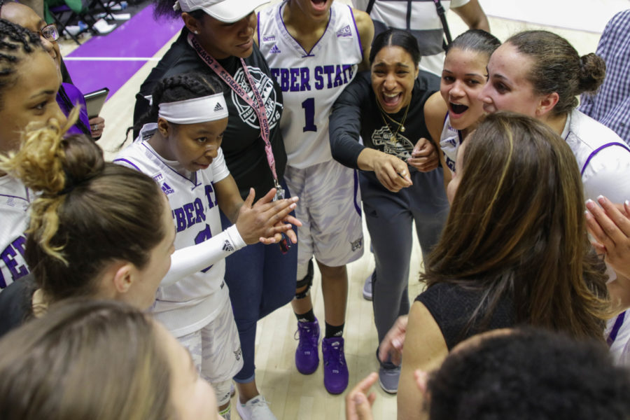 WSU womens basketball celebrates in a huddle after defeating USC Upstate last season. (The Signpost Archives)