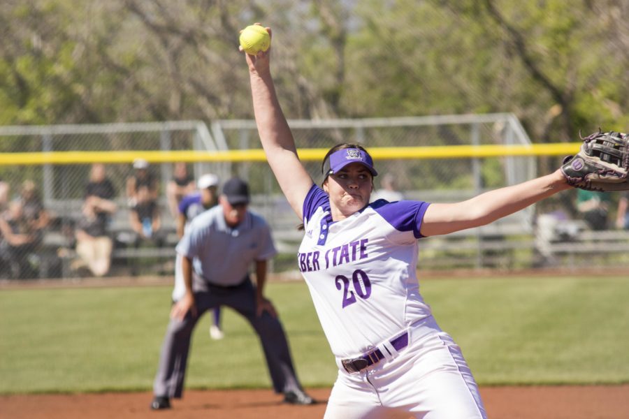 Kirtlyn Bohling, #20, pitches during Big Sky tournament last season at Weber State University. (The Signpost Archives)