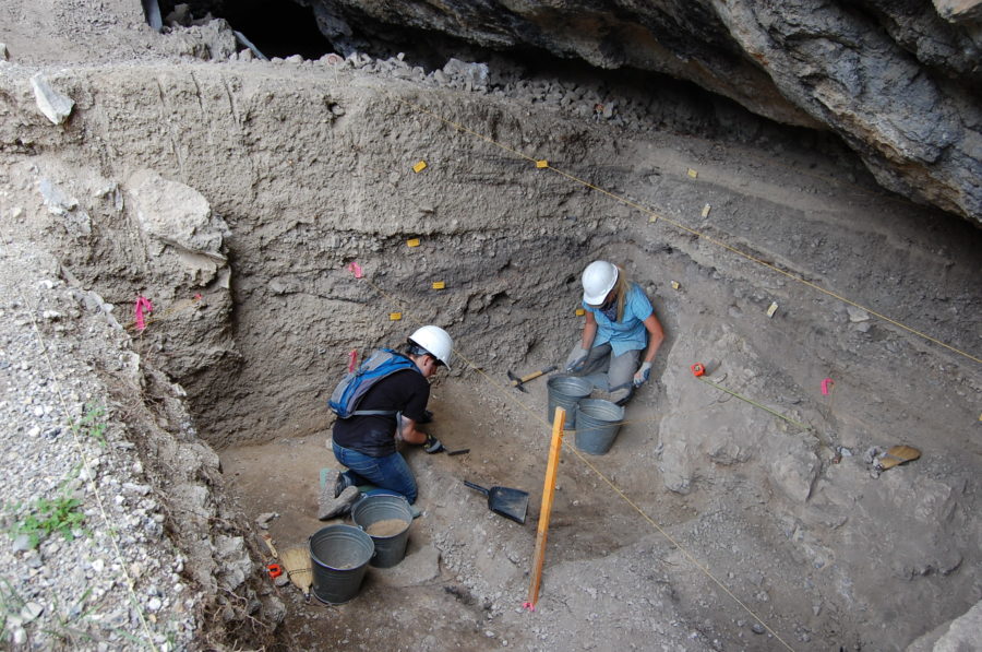Crew members Denise Arkush and Liz Murphy excavating in lower Stratum 3 soils at Cottontail Shelter in 2015. (Source: Brooke Arkush)