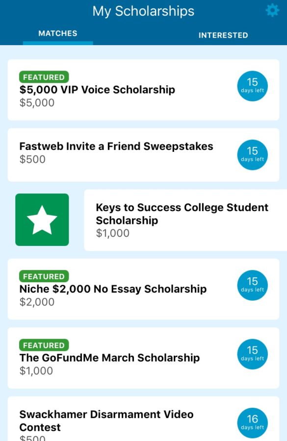 Scholarships that the student can apply for are displayed in the users feed on the Fastweb app. (Screenshot by Leah Higginbotham) Photo credit: Leah Higginbotham