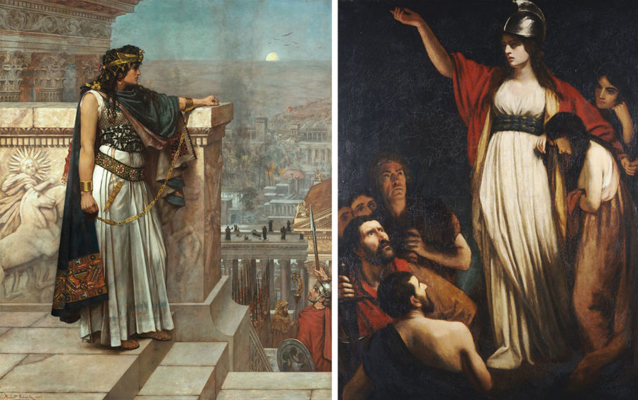 Zenobias last look on Palmyra by Herbert G Schmalz (left) and Boadicea Haranguing the Britons by John Opie (right). (Source: Wikimedia Commons)