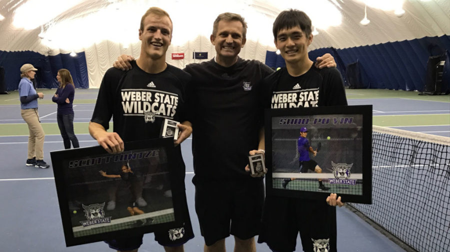 Seniors Scott Hintze (left) and Shao-Po Yin (right) are honored during the Senior Day match against Portland State on Apr 1. (Source: Weber State Athletics)